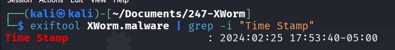 Terminal output of exiftool showing the Time Stamp field for XWorm.malware: 2024:02:25 17:53:40-05:00.